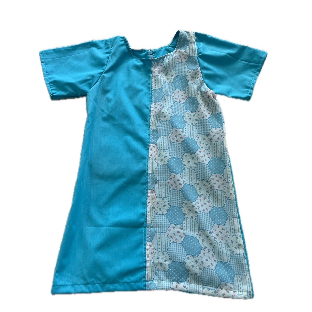 Vintage 70s Handmade Blue Patchwork Hexagon Shift Dress Short Sleeve Retro Sz S